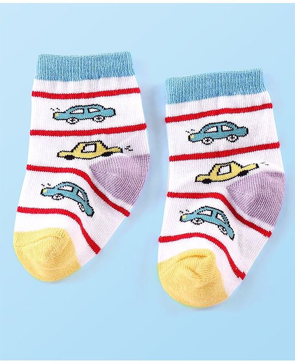 Cute Walk by Babyhug Anti-bacterial Ankle Length Striped & Vehicle Designed Socks Pack of 5 - Multicolor