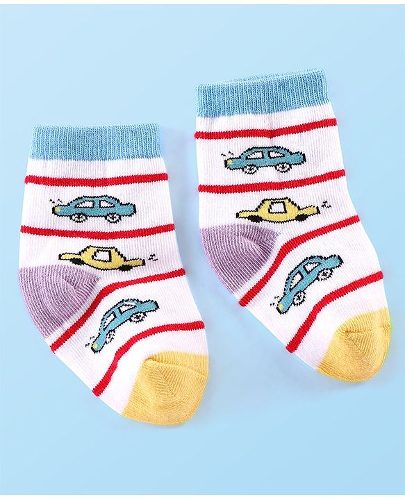 Cute Walk by Babyhug Anti-bacterial Ankle Length Striped & Vehicle Designed Socks Pack of 5 - Multicolor