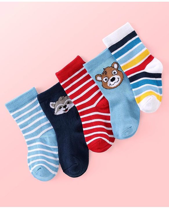Cutewalk By Babyhug Anti Bacterial Ankle Length Striped & Teddy Bear Design Socks Pack of 5 - Blue Red & White
