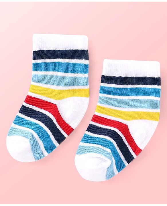 Cutewalk By Babyhug Anti Bacterial Ankle Length Striped & Teddy Bear Design Socks Pack of 5 - Blue Red & White