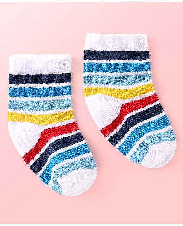 Cutewalk By Babyhug Anti Bacterial Ankle Length Striped & Teddy Bear Design Socks Pack of 5 - Blue Red & White