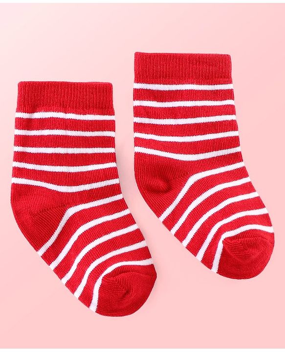 Cutewalk By Babyhug Anti Bacterial Ankle Length Striped & Teddy Bear Design Socks Pack of 5 - Blue Red & White