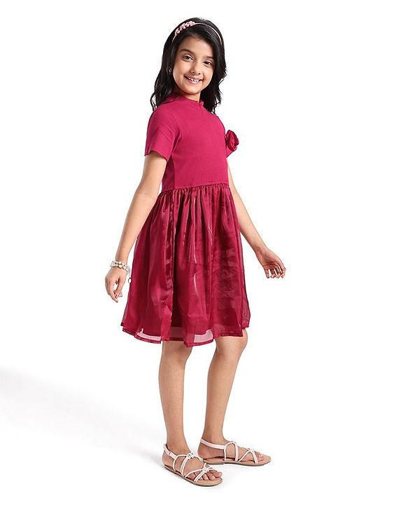 Pine Kids Cotton Half Sleeves Rib and Organza Frock with Zipper Opening and Rose Corsage - Maroon
