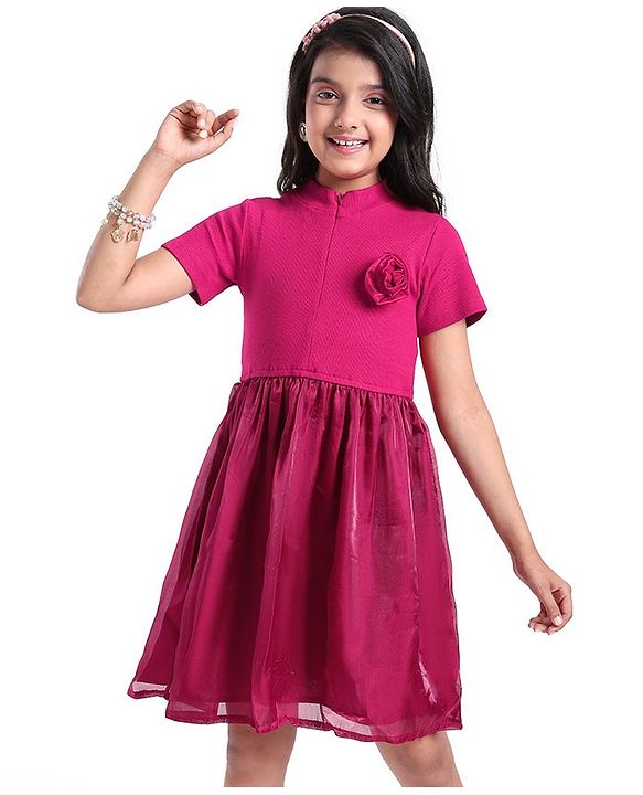 Pine Kids Cotton Half Sleeves Rib and Organza Frock with Zipper Opening and Rose Corsage - Maroon