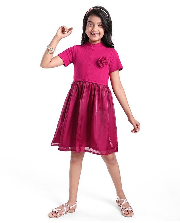 Pine Kids Cotton Half Sleeves Rib and Organza Frock with Zipper Opening and Rose Corsage - Maroon