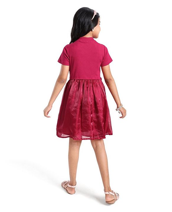 Pine Kids Cotton Half Sleeves Rib and Organza Frock with Zipper Opening and Rose Corsage - Maroon