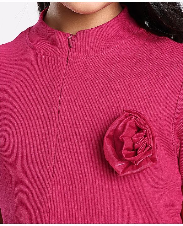 Pine Kids Cotton Half Sleeves Rib and Organza Frock with Zipper Opening and Rose Corsage - Maroon