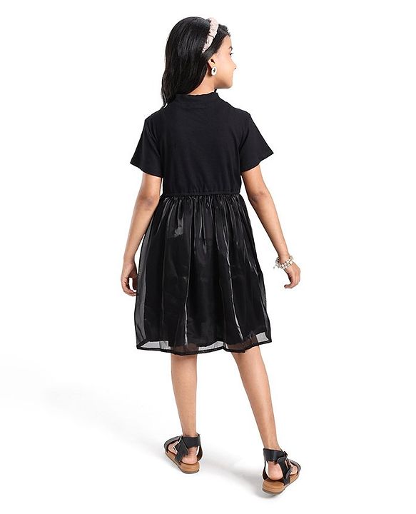 Pine Kids Cotton Half Sleeves Rib and Organza Frock with Zipper Opening and Rose Corsage - Black