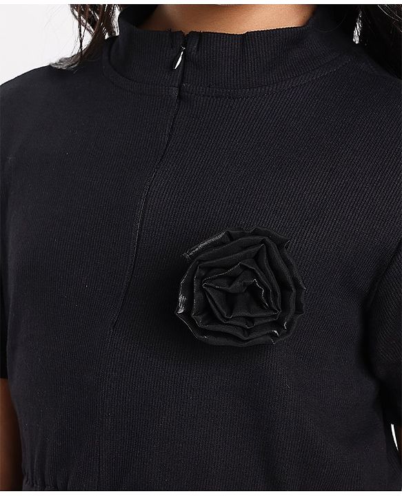 Pine Kids Cotton Half Sleeves Rib and Organza Frock with Zipper Opening and Rose Corsage - Black