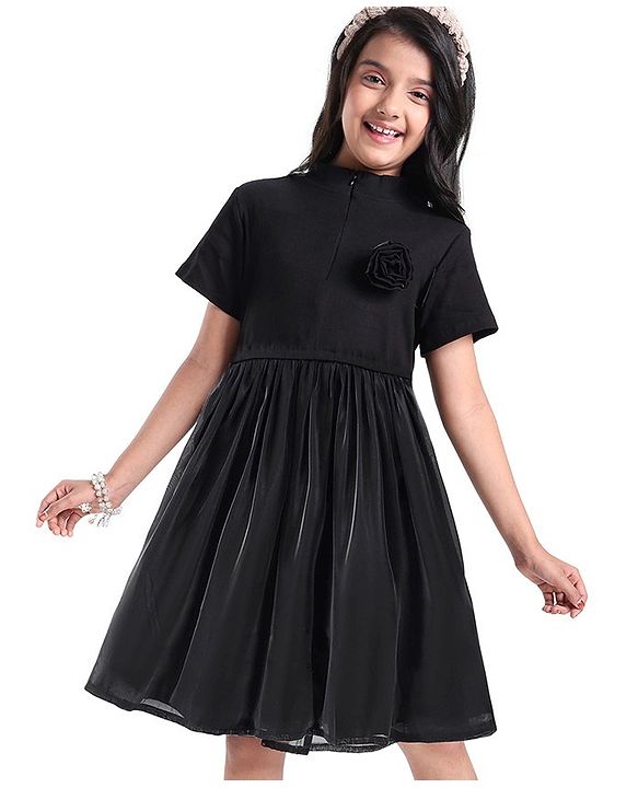 Pine Kids Cotton Half Sleeves Rib and Organza Frock with Zipper Opening and Rose Corsage - Black