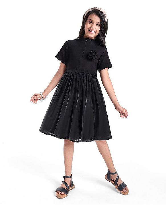 Pine Kids Cotton Half Sleeves Rib and Organza Frock with Zipper Opening and Rose Corsage - Black
