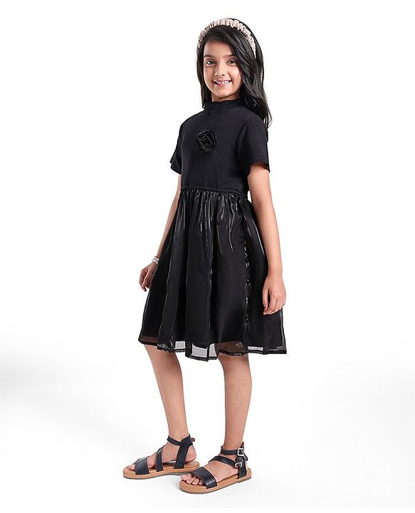 Pine Kids Cotton Half Sleeves Rib and Organza Frock with Zipper Opening and Rose Corsage - Black