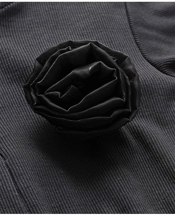 Pine Kids Cotton Half Sleeves Rib and Organza Frock with Zipper Opening and Rose Corsage - Black