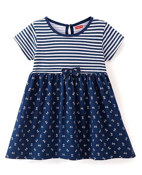 Babyhug Cotton Knit Half Sleeves Fit & Flare Frock With Bow Print & Applique- Navy Blue