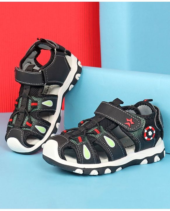 Cute Walk by Babyhug Sandals With Velcro Closure & Football Applique - Black