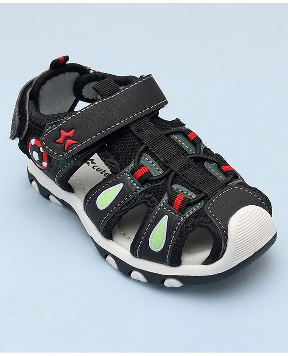 Cute Walk by Babyhug Sandals With Velcro Closure & Football Applique - Black