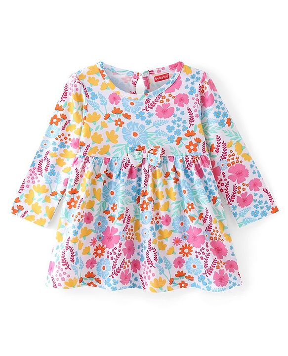Babyhug Cotton Knit Full Sleeves Fit and Flare Frock Floral Print - White