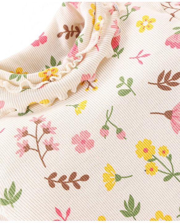 Babyhug Cotton Knit Full Sleeves Turtle Neck Top Floral Print- Off White
