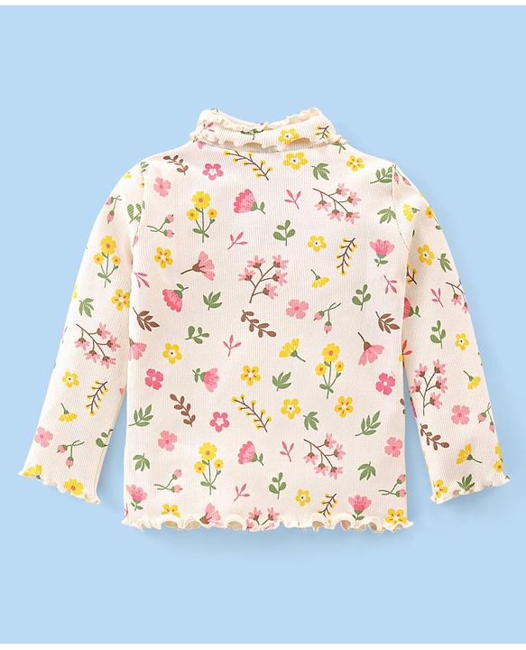 Babyhug Cotton Knit Full Sleeves Turtle Neck Top Floral Print- Off White