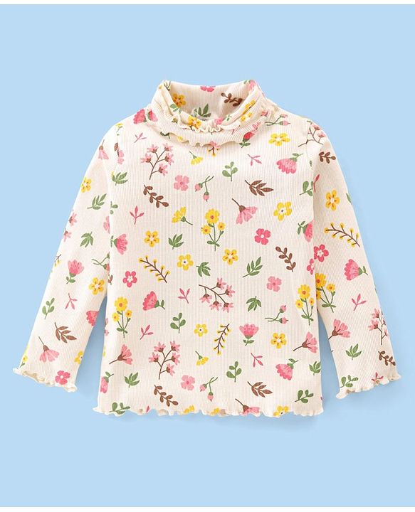 Babyhug Cotton Knit Full Sleeves Turtle Neck Top Floral Print- Off White