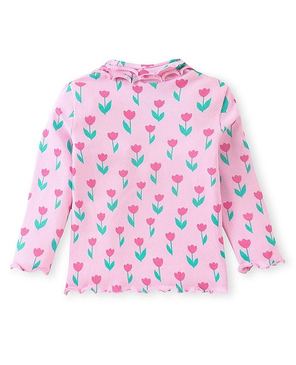 Babyhug Cotton Knit  Full Sleeves  Skivi Top with Lettuce Hem Detailing & Floral Print - Pink