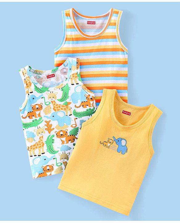 Babyhug 100% Cotton Sleeveless Vest Animal Print Pack of 3 - Yellow