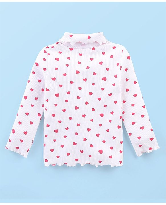 Babyhug Cotton Knit Full Sleeves Turtle Neck Skivi Top Hearts Print- White
