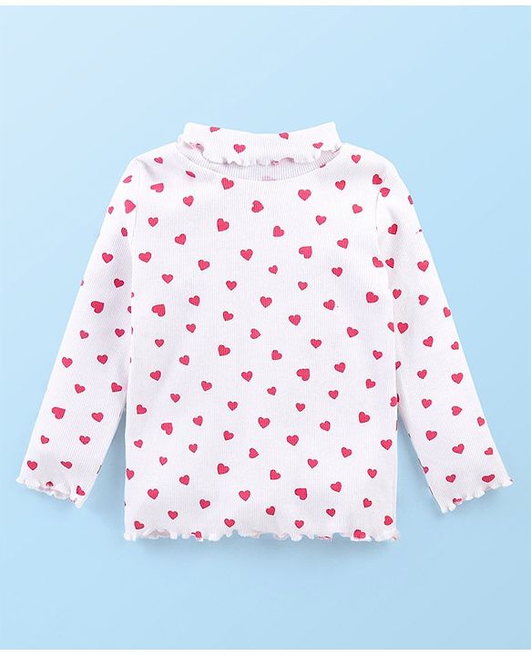 Babyhug Cotton Knit Full Sleeves Turtle Neck Skivi Top Hearts Print- White