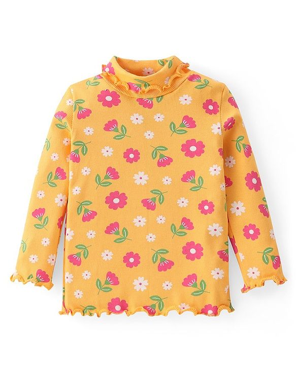 Babyhug Cotton Knit Full Sleeves Skivi Top with Floral Print - Yellow