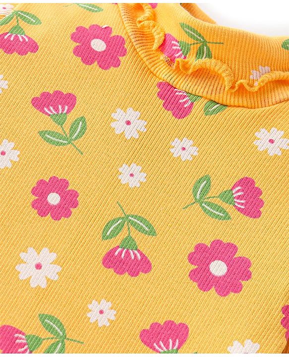 Babyhug Cotton Knit Full Sleeves Skivi Top with Floral Print - Yellow