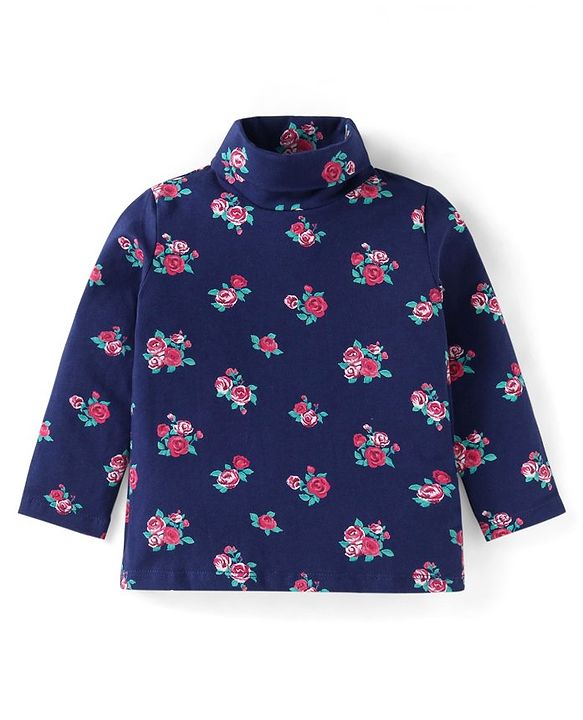 Babyhug Cotton Knit Full Sleeves Floral Printed Skivi T-Shirt - Navy Blue