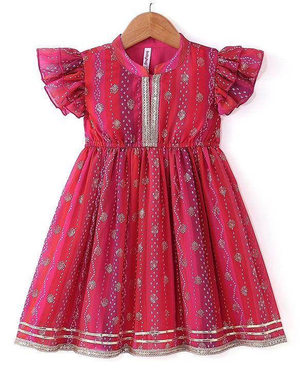 Babyhug Woven Frill Sleeves Foil Printed Ombre Ethnic Dress with Sequins - Fuschia & Orange