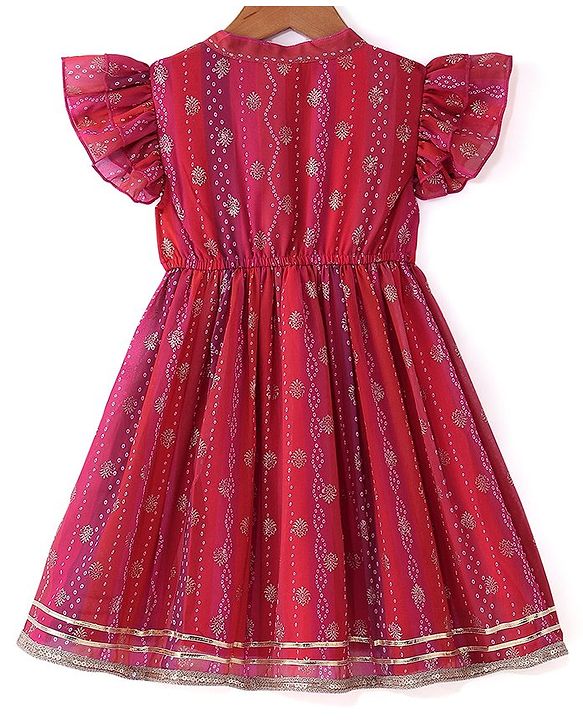 Babyhug Woven Frill Sleeves Foil Printed Ombre Ethnic Dress with Sequins - Fuschia & Orange