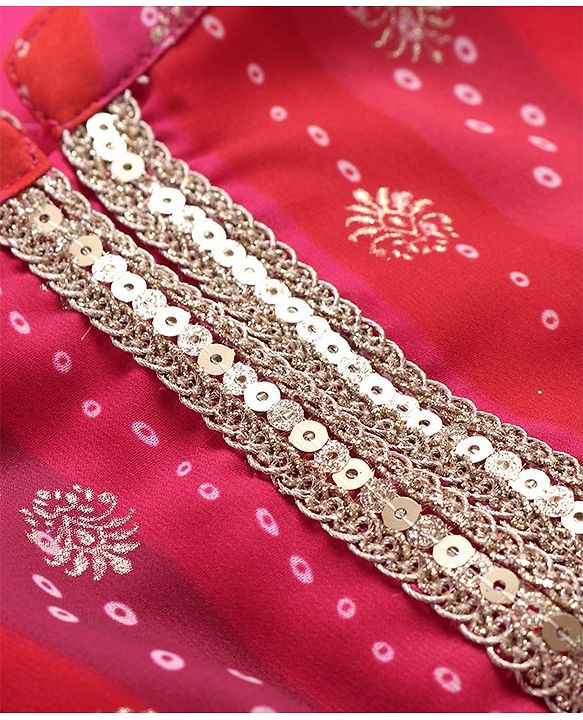 Babyhug Woven Frill Sleeves Foil Printed Ombre Ethnic Dress with Sequins - Fuschia & Orange