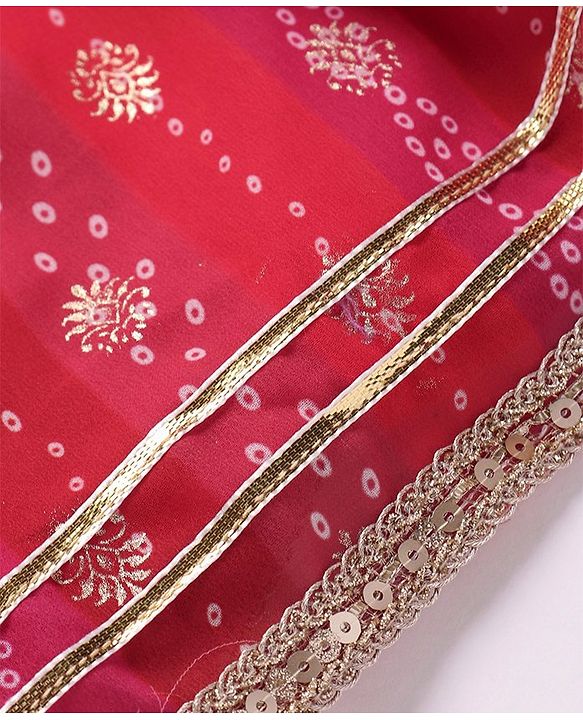 Babyhug Woven Frill Sleeves Foil Printed Ombre Ethnic Dress with Sequins - Fuschia & Orange