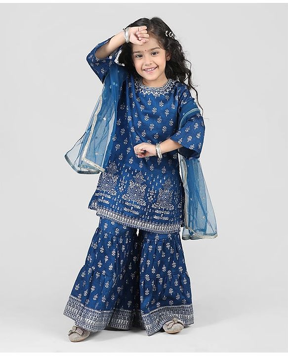 Babyhug Woven 3/4th Sleeves Foil Printed Kurti Gharara & Net Dupatta Set - Teal Blue