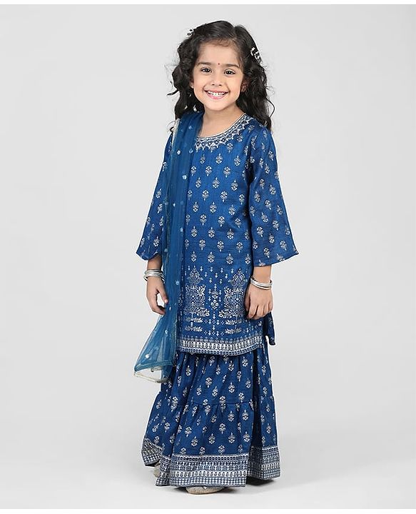 Babyhug Woven 3/4th Sleeves Foil Printed Kurti Gharara & Net Dupatta Set - Teal Blue