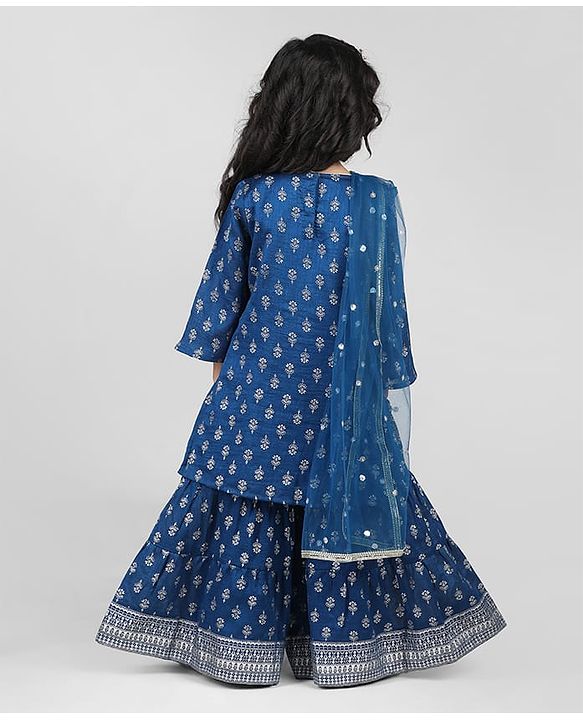 Babyhug Woven 3/4th Sleeves Foil Printed Kurti Gharara & Net Dupatta Set - Teal Blue