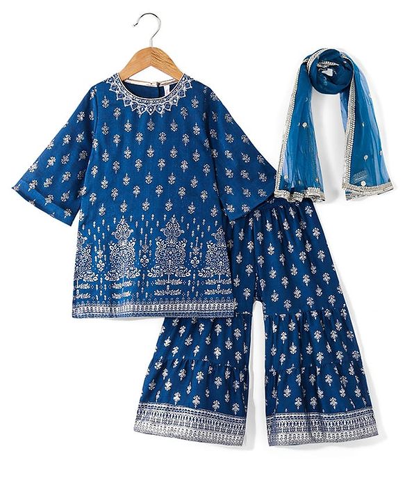 Babyhug Woven 3/4th Sleeves Foil Printed Kurti Gharara & Net Dupatta Set - Teal Blue