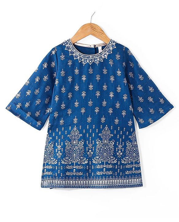 Babyhug Woven 3/4th Sleeves Foil Printed Kurti Gharara & Net Dupatta Set - Teal Blue