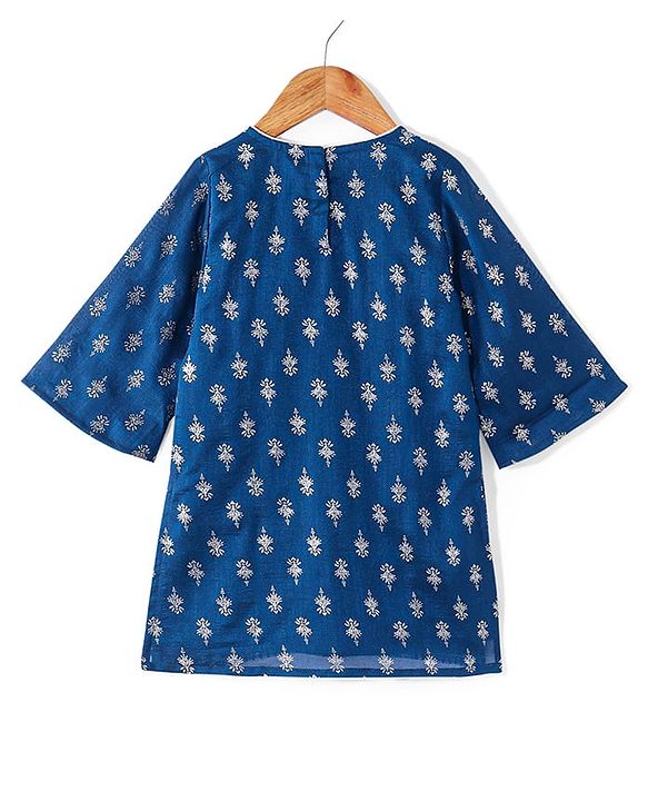 Babyhug Woven 3/4th Sleeves Foil Printed Kurti Gharara & Net Dupatta Set - Teal Blue