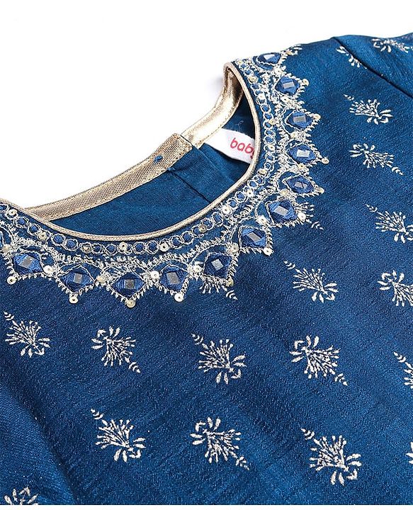 Babyhug Woven 3/4th Sleeves Foil Printed Kurti Gharara & Net Dupatta Set - Teal Blue