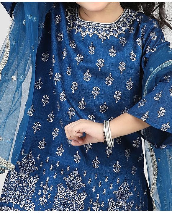 Babyhug Woven 3/4th Sleeves Foil Printed Kurti Gharara & Net Dupatta Set - Teal Blue