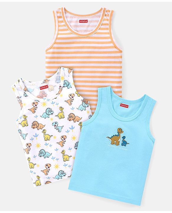 Babyhug 100% Cotton Single Jersey Knit Sleeveless Sandos with Stripes & Dino Print Pack of 3 - White Blue & Orange