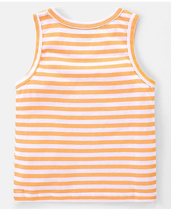 Babyhug 100% Cotton Single Jersey Knit Sleeveless Sandos with Stripes & Dino Print Pack of 3 - White Blue & Orange