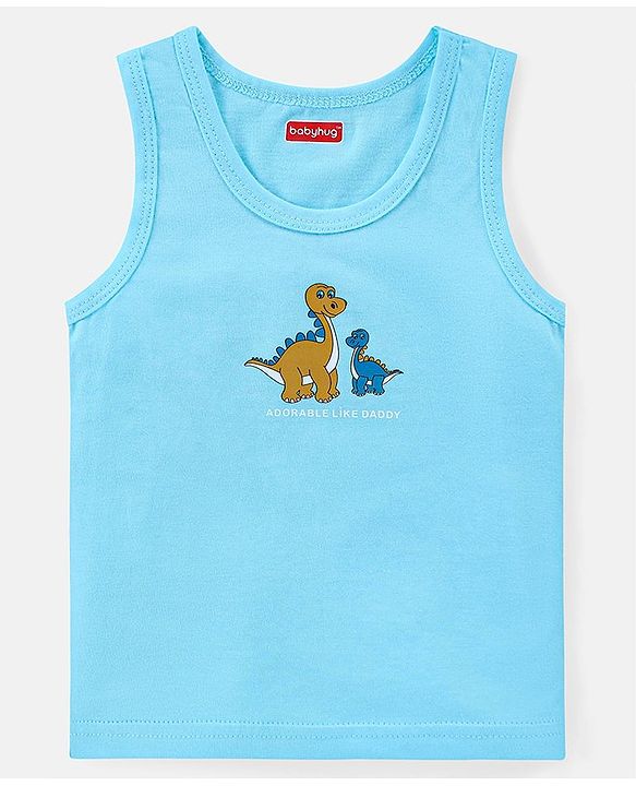 Babyhug 100% Cotton Single Jersey Knit Sleeveless Sandos with Stripes & Dino Print Pack of 3 - White Blue & Orange