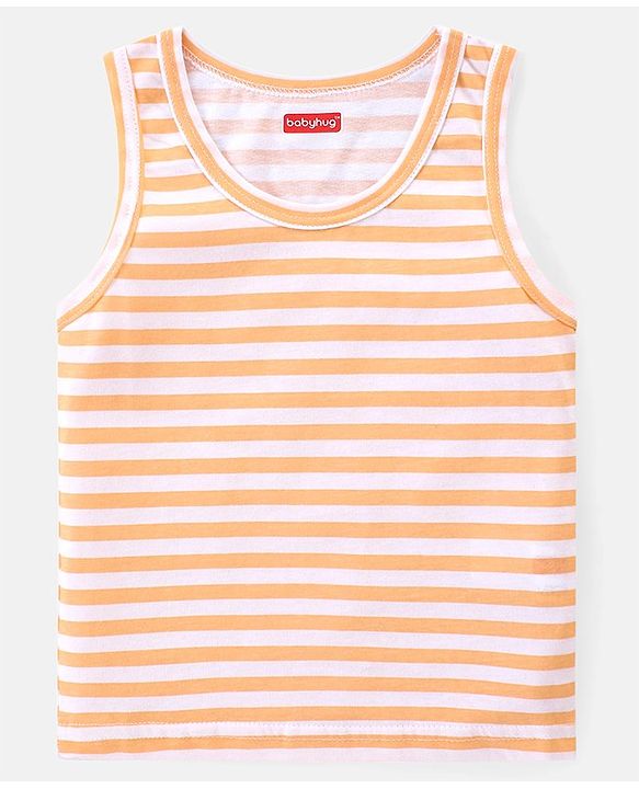 Babyhug 100% Cotton Single Jersey Knit Sleeveless Sandos with Stripes & Dino Print Pack of 3 - White Blue & Orange
