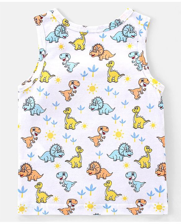 Babyhug 100% Cotton Single Jersey Knit Sleeveless Sandos with Stripes & Dino Print Pack of 3 - White Blue & Orange