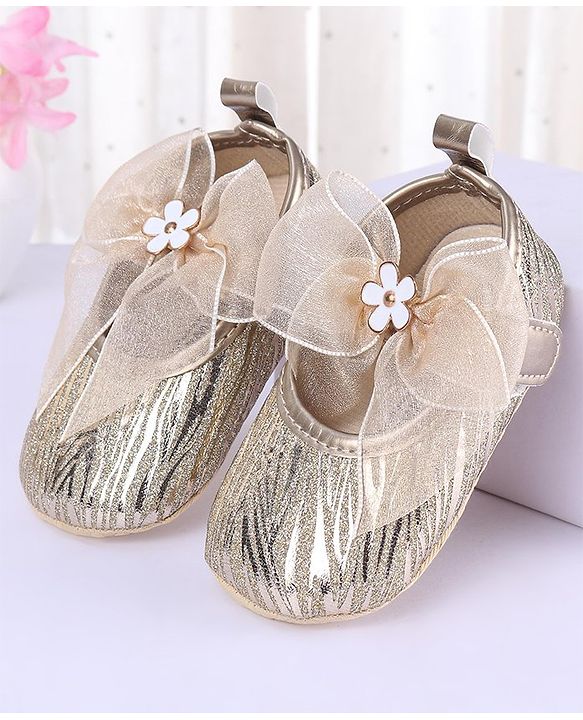 Cute Walk by Babyhug Floral & Ribbon Bow Applique Velcro Closure Glittery Ballerina Booties -  Golden