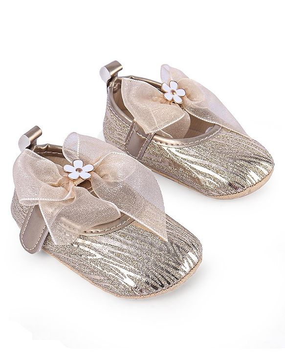 Cute Walk by Babyhug Floral & Ribbon Bow Applique Velcro Closure Glittery Ballerina Booties -  Golden